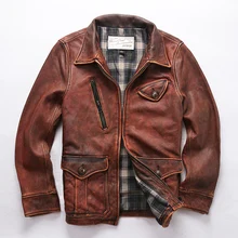AVFLY, новинка, Мужская винтажная коричневая мотоциклетная куртка из натуральной кожи, настоящая Толстая воловья кожа, облегающая Кожаная Байкерская зимняя куртка