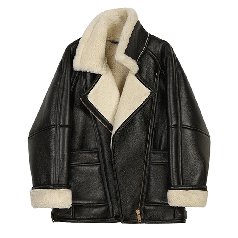 [EAM] Свободная Черная куртка из овечьей шерсти с разрезом большого размера, Новое Женское пальто с отворотом и длинным рукавом, модное осенне-зимнее пальто 1M098 - Цвет: black