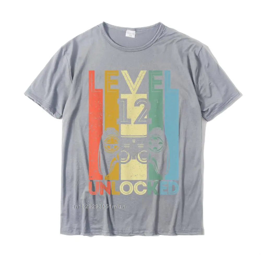 Men's Funny Printed Tops Shirt O Neck Summer/Autumn 100% Cotton T-shirts Camisa Short Sleeve Funny T-Shirt Wholesale Level 12 Unlocked Shirt Funny Video Gamer 12th Birthday Gift T-Shirt__4230 grey