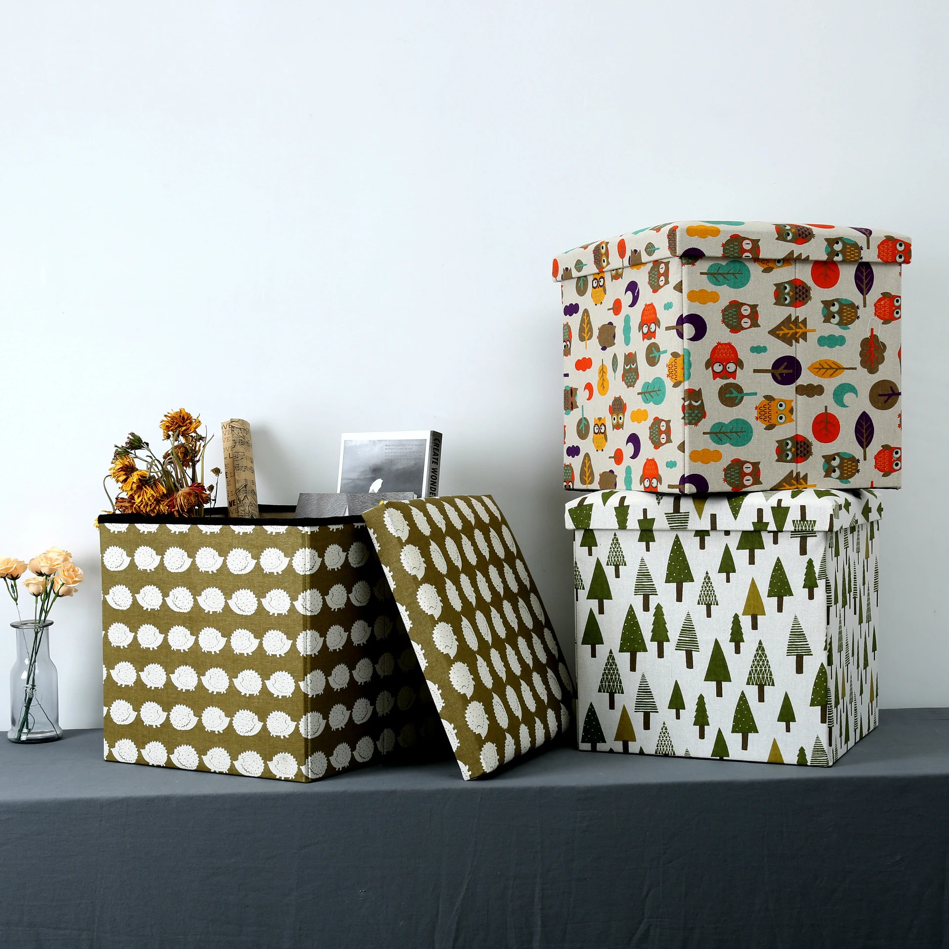 

11.8â€ Inch Foldable Cube Storage Organizer Box, Fabric Linen Cover Ottomans Storages Footstool and Stool seat with Memory Foam
