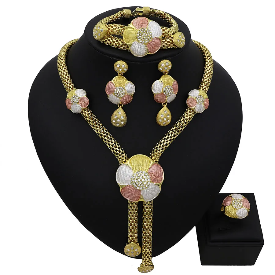 TSROUND круглый цветок ожерелье кулон костюм в дубайском стиле ювелирные изделия индийские африканские серьги браслеты из колец для женщин - Окраска металла: Золотой цвет
