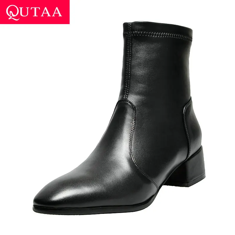 

QUTAA 2020 Winter Slip On New Autumn Pointed Toe Ankle Boots PU Leather Elegant Square High Heel Women Shoes Size 34-39