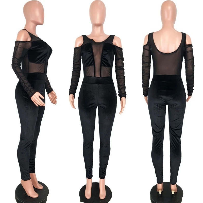 Elegant Sexy Jumpsuits for Women 2020 Long Sleeve Patchwork Mesh Black Bodycon Jumpsuit Rompers Backless Party Club Jumpsuit
