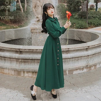 

YOSIMI 2019 Autumn Winter Chiffon Shirt Set Full Sleeve Blouse Shirt Top and Skirt Set Women Two Piece Outfits Green Long Dress