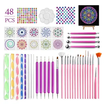

48pcs Mandala Dotting Tools Set for Painting Rock Stones Stencil Acrylic Stick Drawing Brush Gem Sticker Kit