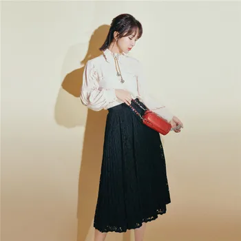 

High Quality Black Lace Skirt 2019 Fall Women Hollow Out High Waist Pleated Midi Skirt Halloween Long Black Skirt for Women