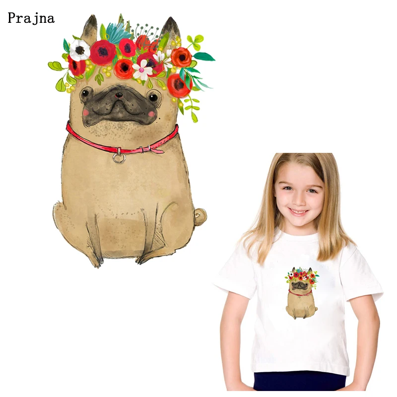 

Prajna Flower Dog Patches Heat Transfer Vinyl Iron On Transfers For Kids T-shirt Summer Style Washable Stickers Accessories DIY