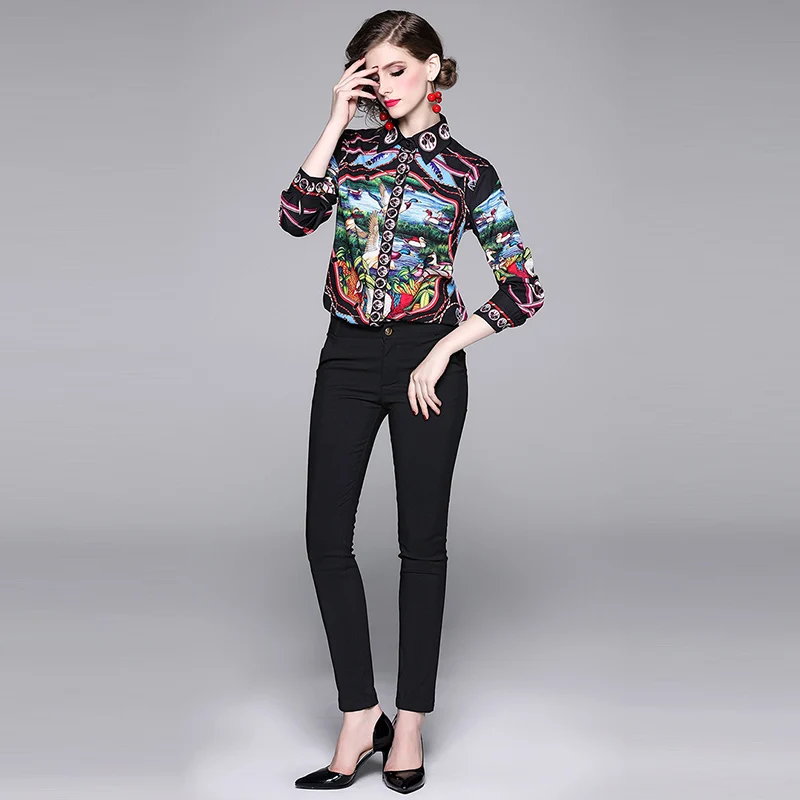  Willstage 2019 Autumn Women shirts long sleeve printed pattern birds Blouse Collar button Shirt fem