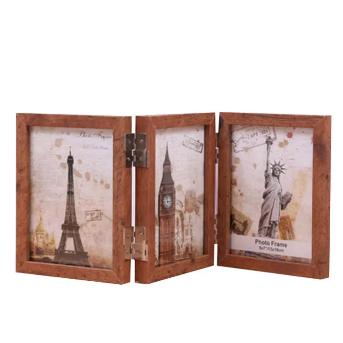 Tri-fold Wooden Photo Frame Folding Retro Tabletop Decoration for Home Office@LS