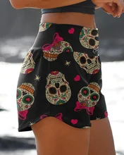 Shorts feminino estampado, moda verão, caveira, leopardo, cintura alta, praia, solto, casual, ciclista, push up