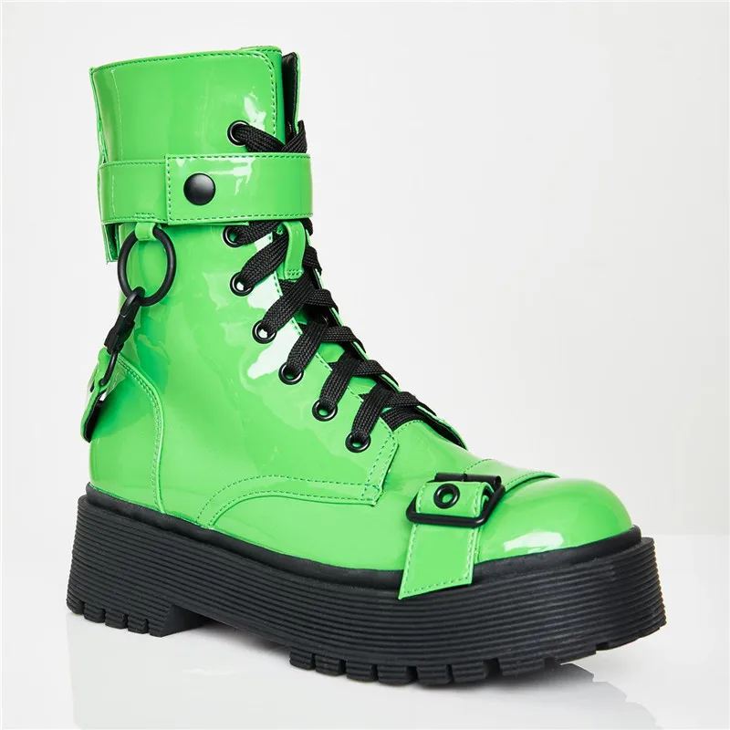 

Runway Patent Leather Neon Green Boots Women Round Toe Buckle Belted Woman Ankle Boots Lace Up Platform Riding Motorcycle Boots