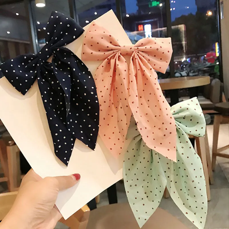 black head scarf Polka Dot Print Barrettes Long Ribbon Big Bow Hair Clip Bow Knotted Chiffon Hairpin for Women Girls Headwear Hair Accessories korean hair clips