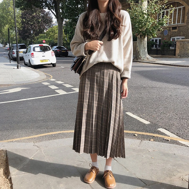 Классная клетчатая юбка в складку с эластичной резинкой на талии Осенняя длинная юбка для старшей школы Falda Larga Gonne'll Saia