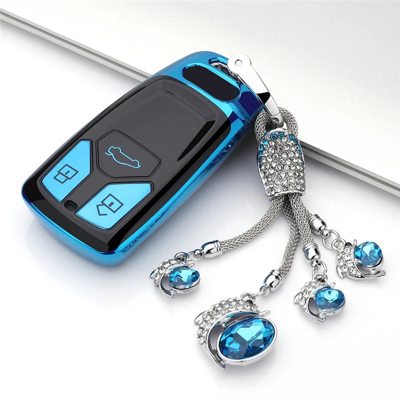 New soft TPU Car Key Cover Case For AUDI A4 B9 Q5 Q7 TT TTS 8S Auto Key Shell decoration keyring keychain durable waterproof - Color Name: B-blue-keyring