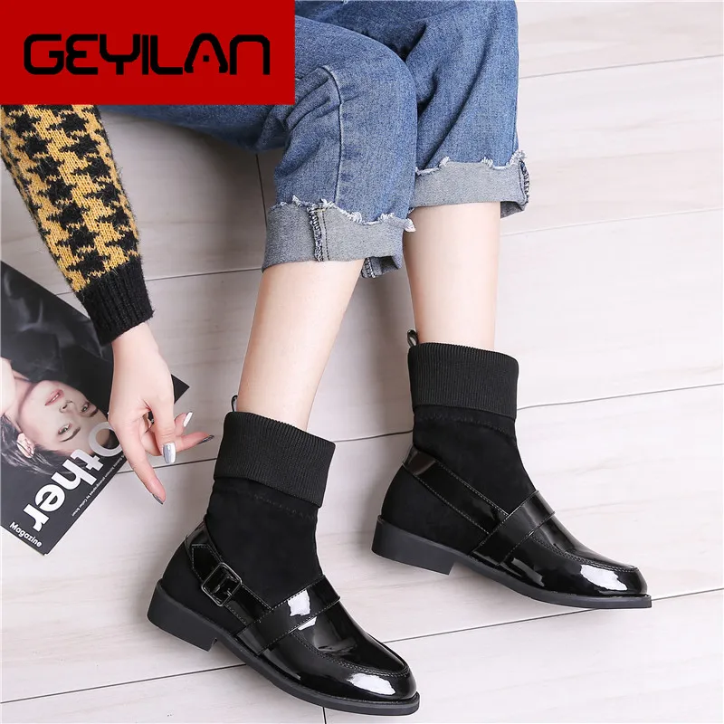 

Italian Japanned Leather Boots Womens Pacthwork Shoes Winter Woolen Knitted Martin Botas Buckle Strap Bottines Snow Sock Bottes