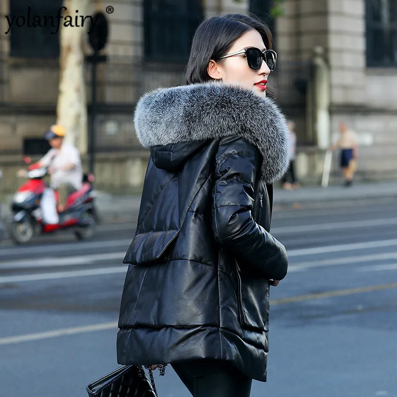 Genuine Leather Jacket Women Fox Fur Hooded Winter Clothes Real Sheepskin Down Coat Warm Jackets Veste Femme ZM-069 KJ3134 | Женская