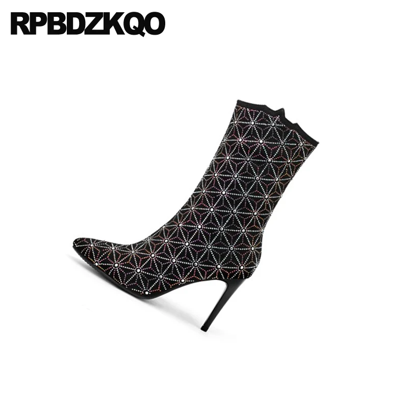 bling brand women winter boots genuine leather high heel stiletto big size black shoes rhinestone pointed toe 10 diamond sparkly