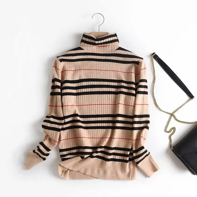 Khaki plaid England style turtleneck pullover sweater knitted basic sweaters S29699-AQ | Женская одежда