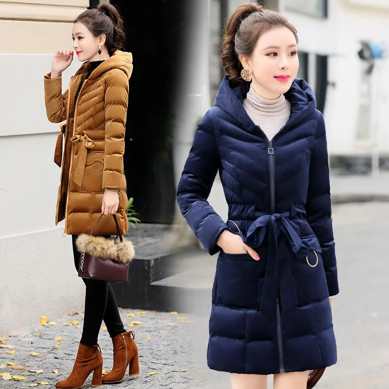 

2018 Winter New Style WOMEN'S Dress Waist Hugging Cotton Overcoat Slim Fit Gold Velvet down Jacket Cotton-padded Clothes Mid-len