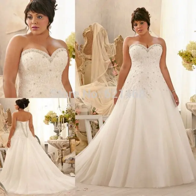 

Elegant A-Line Sweetheart Applique Beaded Sweep Train Tulle Super Plus Size Wedding Dress 2018 vestido de noiva Bridal gown