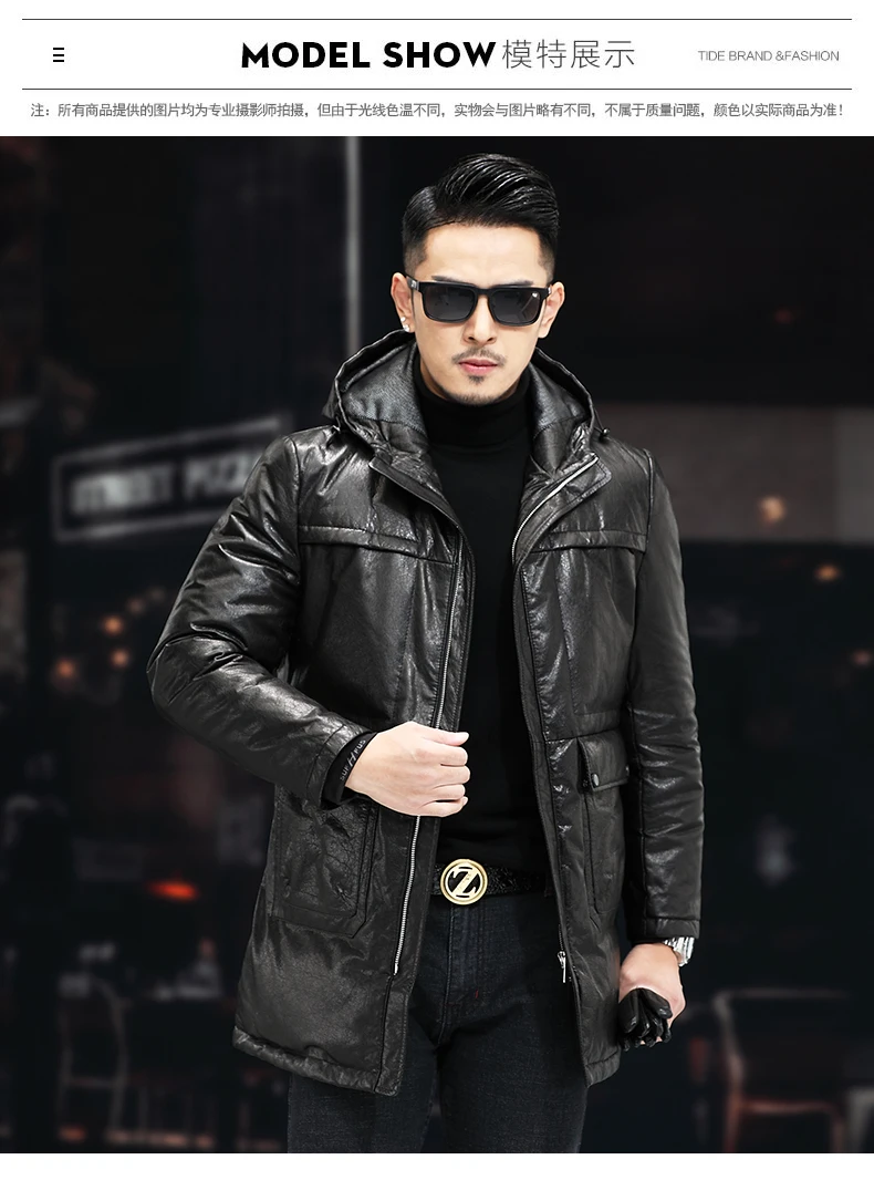 Winter New Youth First Layer Cowhide Leather Jacket Men's Mid-length Thick Hooded Leather Down Coat black puffer coat