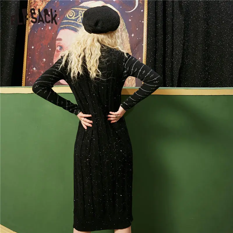 ELFSACK Black Solid High Waist Casual Knit Dress