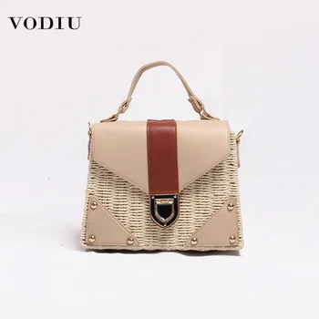 

New Fashion Straw+leather Bag Casual Women Woven Handbags Lock Shoulder Top-handle Beach Bags Patchwork Desinger Crossbody Bags