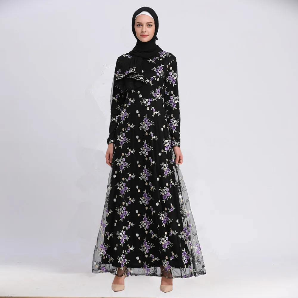 Купить Muslim Embroidery Abaya Lace Floral Maxi Dress Cardigan Long Robes Tunic Kimono Ramadan Islamic Prayer Clothing Worship Service  | Мусульманская одежда (4000186660178)