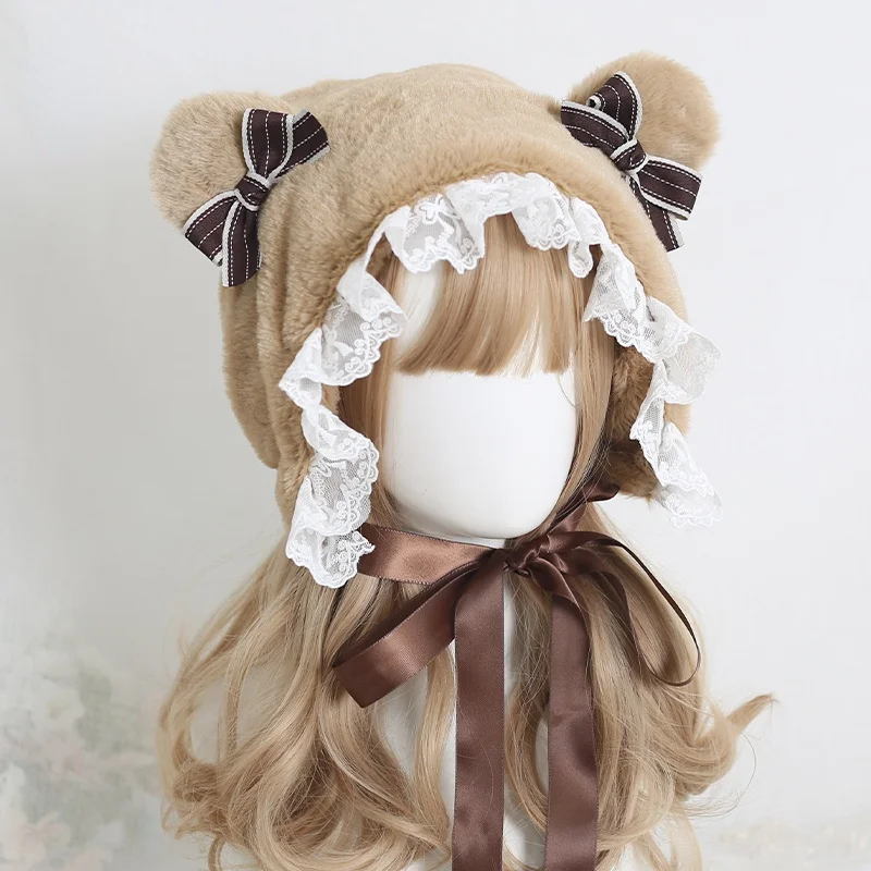 Sweet Cute Bear Ears Lolita Hats Autumn Winter Warm Lace Bow Plush Cap Women Girls Kawaii Rabbit Fur Ear Protection Hat Gifts