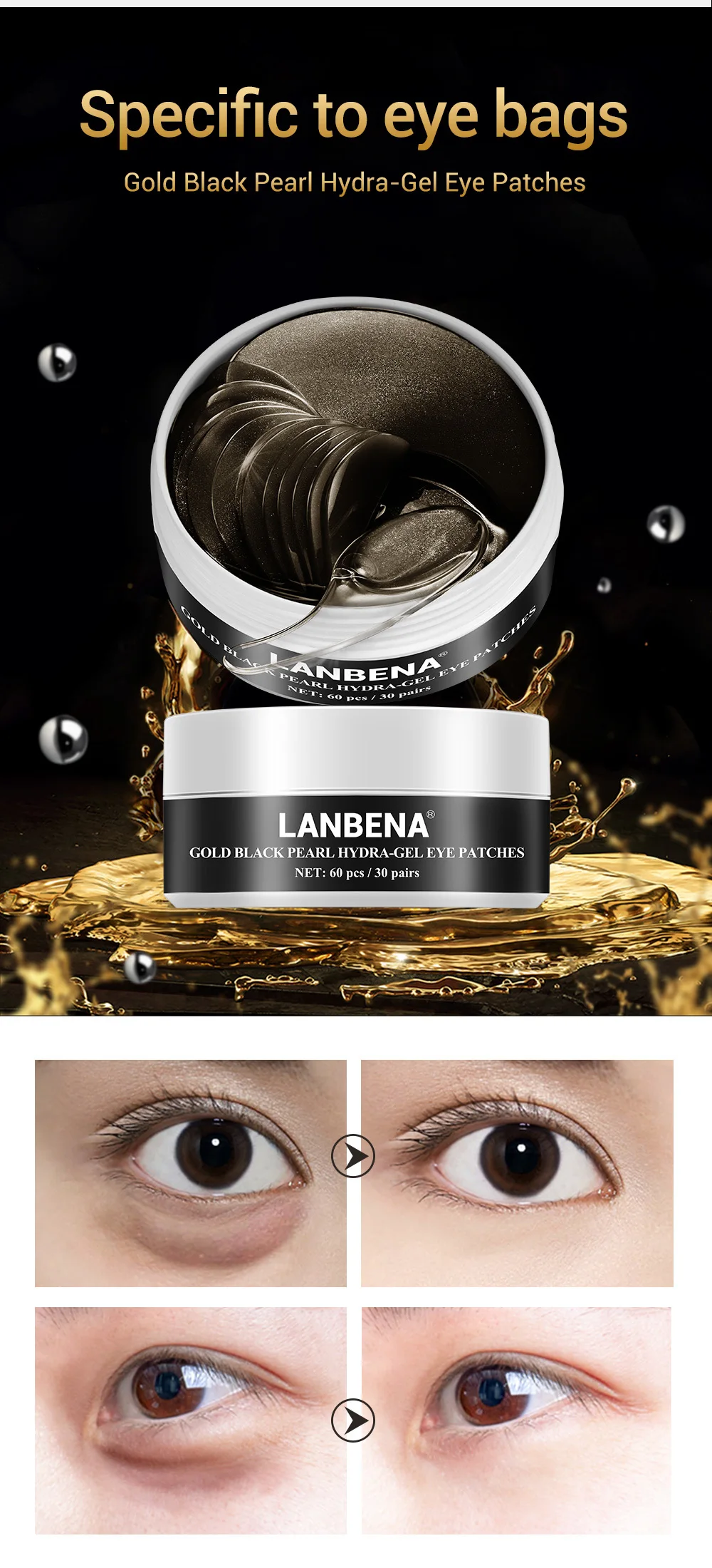 LANBENA маска для лица с золотым и черным жемчугом, коллагеновая повязка на глаза, гель для ухода за лицом, для восстановления морщин, осветления кожи, стираемая сумка для глаз, Уход за глазами, 60 шт