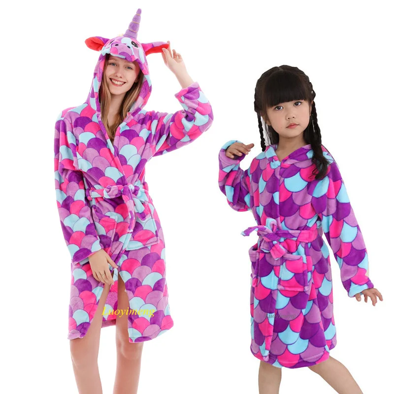 Children Bath Robe Baby Towel Hooded Kids Girls Dressing Gown Unicorn Bathrobes Boy Pajamas Sleepwear Adults Animal Bathing Robe