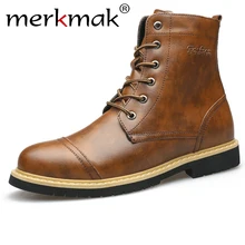 Merkmak/ г.; Стильные Мужские ботинки в британском стиле; высокие теплые кожаные ботинки на шнуровке; мужские Нескользящие мотоботы; большие размеры 46-45; мужские ботинки