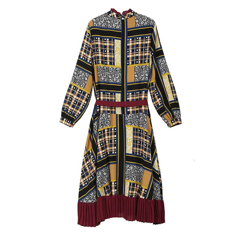 [EAM] Women Pattern Print Pleated Hit Color Dress New Stand Neck Long Sleeve Loose Fit Fashion Tide Spring Autumn 1A884 - Цвет: red
