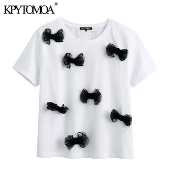 

KPYTOMOA Women 2020 Fashion Patchwork Bow Appliques T Shirt Vintage O Neck Short Sleeve Female Shirts Blusas Chic Tops