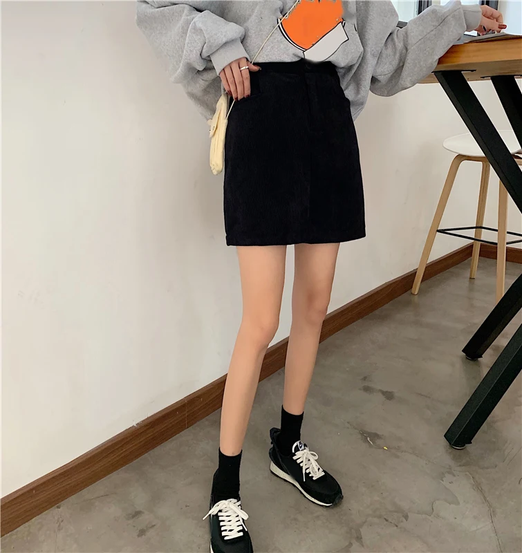 Кофейные короткие облегающие Женские юбки на пуговицах тонкая Корейская Высокая талия Повседневная Jupe Femme школьная юбка Вельветовая верхняя одежда