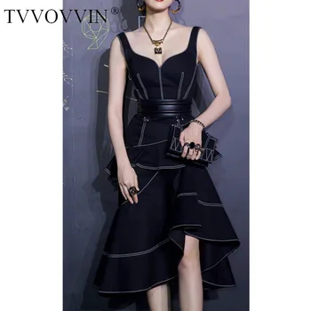 

TVVOVVIN 2020 Summer New Fashion Ruffles Slim Irregular Sleeveless Patchwork Dress Women's Empire Meet Solid Belt A058