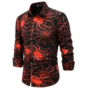 

Mens Halloween Spider Web Print Long Sleeve Button Shirt Casual Lapel Top Blouse