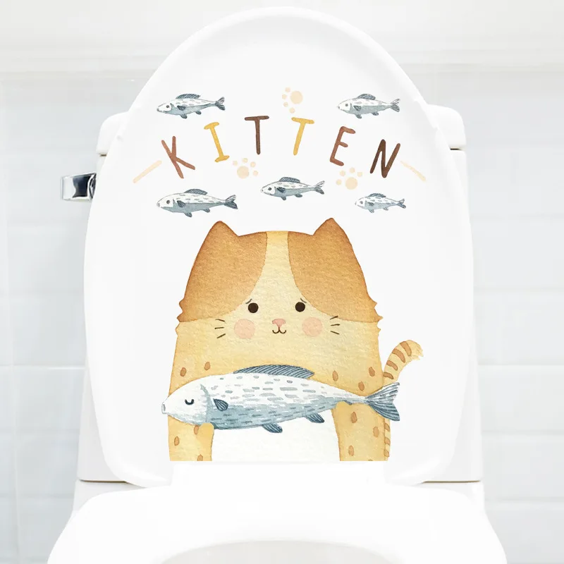 Cat with Fish Toilet Stickers Bathroom Wall Funny Waterproof PVC Home Decor Art WC Lid Decals DIY Decoration | Дом и сад