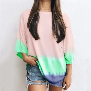 

3/4 Sleeve T Shirt Women Hitcolor T-shirt Color Tie Dye Tops Tee Women 2019 New Loose Top Female tshirt oversized t shirt