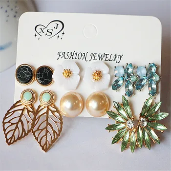 

New fashion women jewelry wholesale girls birthday party earrings pretty leaves/flower 6 pairs /set earrings Christmas gift