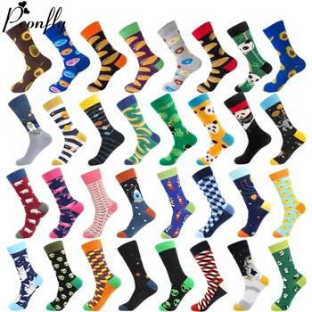 

PEONFLY 41 Colors Men's Happy Socks New 2020 Funny Cartoon Dog Cat Printed Socks Men Combed Cotton Calcetines Largos Hombre