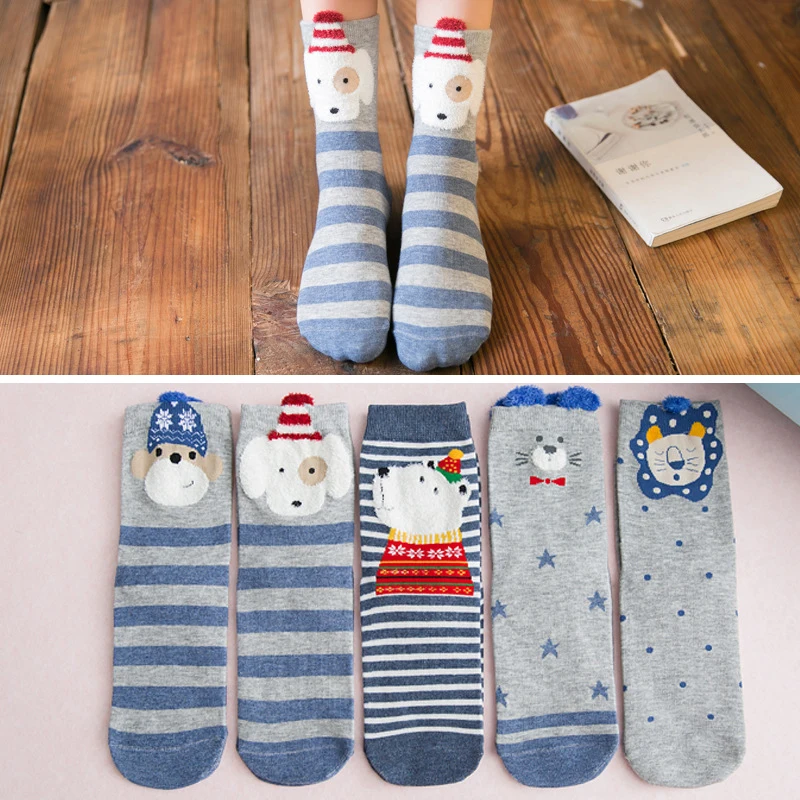 Носки с рисунками животных; женские гольфы; милые носки; Kawaii; модные носки для девочек; хлопковые носки; Новое поступление; 5 пар/лот