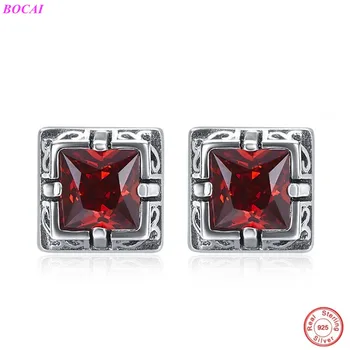 

BOCAI S925 sterling silver female ear studs red garnet black agate simple retro fashion woman's Thai silver earrings