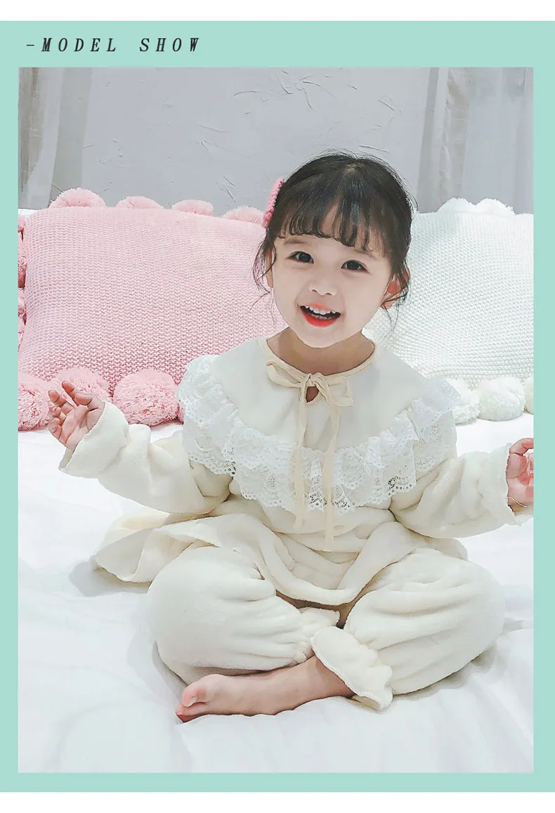 Осенне-зимние детские пижамные комплекты для девочек; однотонная Фланелевая пижама с кружевным воротником; теплые пижамы для маленьких детей; домашняя одежда; костюм