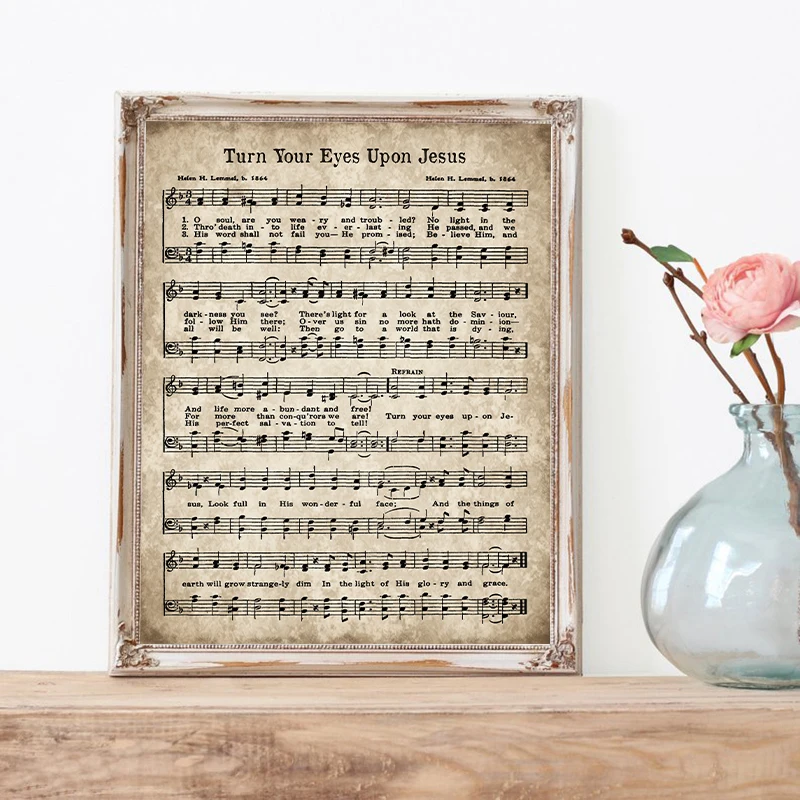 Antique-Hymn-Prints-Turn-Your-Eyes-Upon-Jesus-Vintage-Sheet-Music-Poster-Church-Wall-Art-Picture