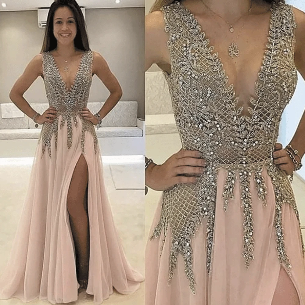 SuperKimJo Elegantes De Gala платье для выпускного вечера с v-образным вырезом из бисера длинное розовое без рукавов выпускное платье из фатина Vestidos De Fiesta De Noche