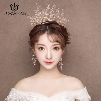 

Luxury Handmade Golden Round Crown Bridal Tiara Earring Set Wedding Crown Hair Jewelry Tocado Novia Prom Party Headdress