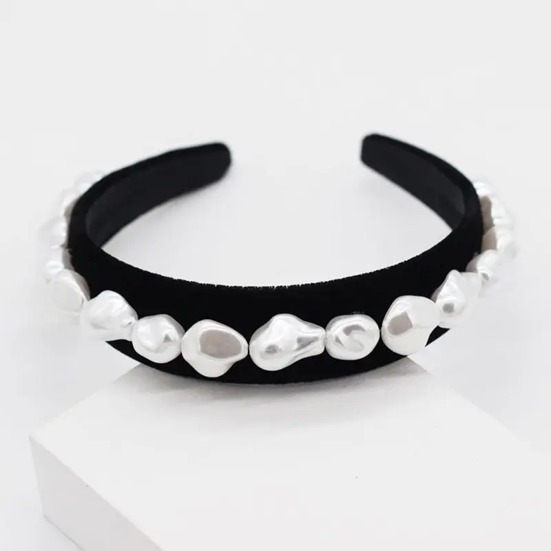 Retro Baroque Irregular Faux Pearl Embellished Headband Black Velvet Cloth Wrapped Wide Hair Hoop Jewelry Palace 5