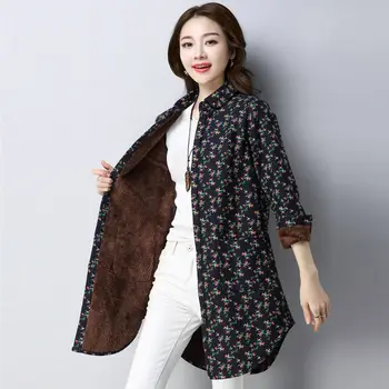 

Plus Velvet Thick Large Size Women's Shirt 2019 New Autumn Winter Long Blouse Wild Shirt Loose Long-sleeved Jacket Floral f1910