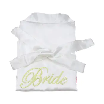 

Womens Faux Silk Half Sleeves Short Kimono Bath Robe for Bride Bridesmaid with Gold Embroidery Letters Belted Wedding Sleepwear